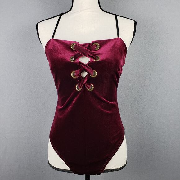 Lush Women's Size M Lace Up Velvet Bodysuit Plum Witchy Whimsigoth Cosplay Goth - Picture 1 of 8